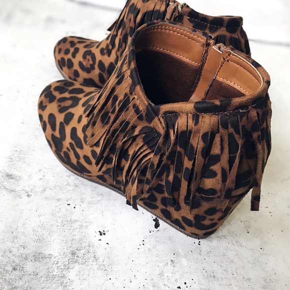 Leopard Print Fringe Wedge Booties - Picture 3 of 5